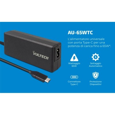 ALIMENTATORE UNIVERSALE TYPE C PER NOTEBOOK AUTOSETTANTE 65W VULTECH AU-65WTC